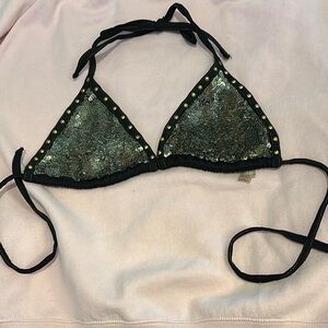 Women’s Rare Victoria's Secret Black & Gold Sequin Studded Bikini Top Size L